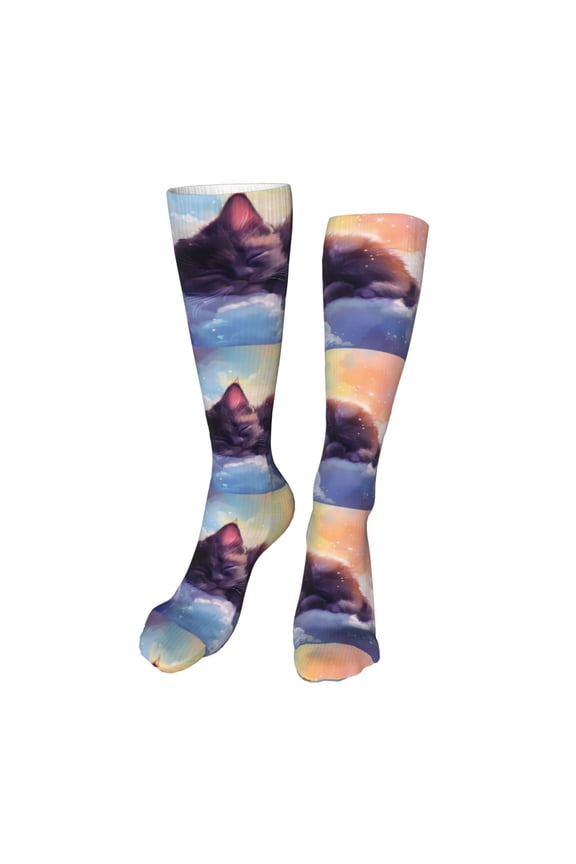 Colorful Cloud Sleeping Cat Print Compression Socks for Women and Men Long Socks for Running Athletic Cycling Nurse