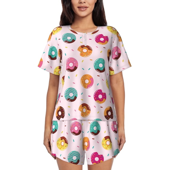 Bingfone Colorful Donuts Print Pajamas Sets for Women Soft Short-Sleeved Pjs with Lounge Shorts Two Piece Sleepwear