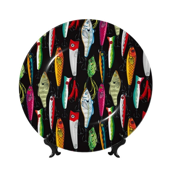 Bingfone Colorful Fishing Lures Print Bone China Dinner Decorative Plates,Handmade Ceramic Dinner Plate with Stand for Home Club-10in