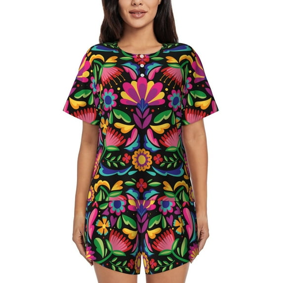 Bingfone Colorful Floral Embroidery Mexican Print Pajamas Sets for Women Soft Short-Sleeved Pjs with Lounge Shorts Two Piece Sleepwear