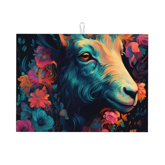Bingfone Colorful Flower Goat ,18" x 24"Dish Drying Mat for Kitchen Counter,Ultra Absorbent Microfiber