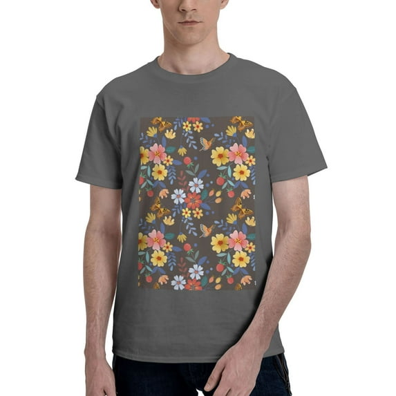 Bingfone Colorful Flowers With Butterfly Men'S Loose Fit Short-Sleeve Pocket T-Shirt