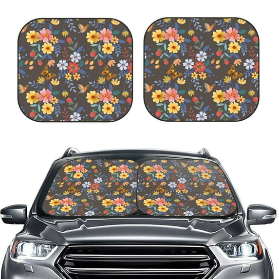 Bingfone Colorful Flowers With Butterfly Print 2-Piece Sun Shade Front Windshield - Foldable Car Front Window Sunshades For Most Sedans Suv Truck - Large
