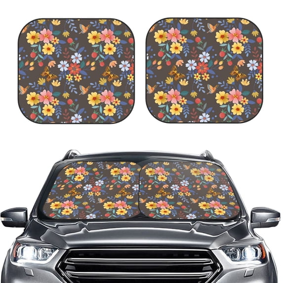 Bingfone Colorful Flowers With Butterfly Print 2-Piece Sun Shade Front Windshield - Foldable Car Front Window Sunshades For Most Sedans Suv Truck - Small