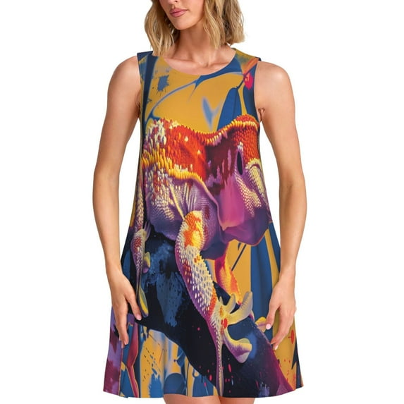 Bingfone Colorful Gecko Jungle Art Print Women's Sleeveless Dress, Loose Fit Summer Casual Dress, Comfortable and Lightweight Dress for Daily Wear