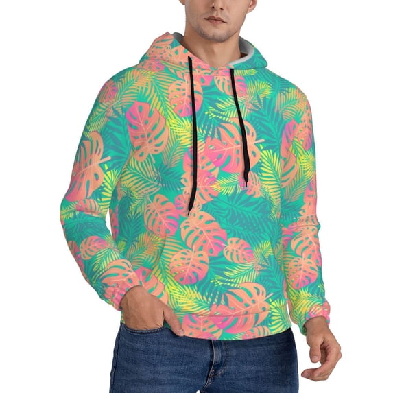 Bingfone Colorful Palm Leaves Men's Drawstring Hoodie Long Sleeve Pocket Sweatshirts-XX-Large