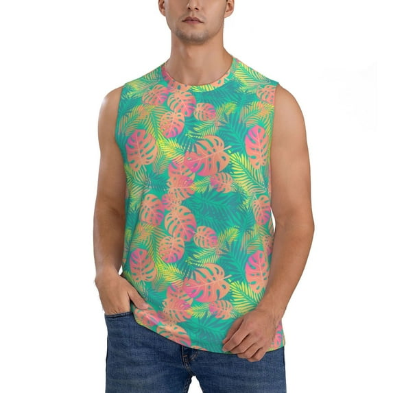 Bingfone Colorful Palm Leaves Pattern Men's Tank Tops Workout Sleeveless Tee Shirts Running Beach Tanks for Men-X-Large
