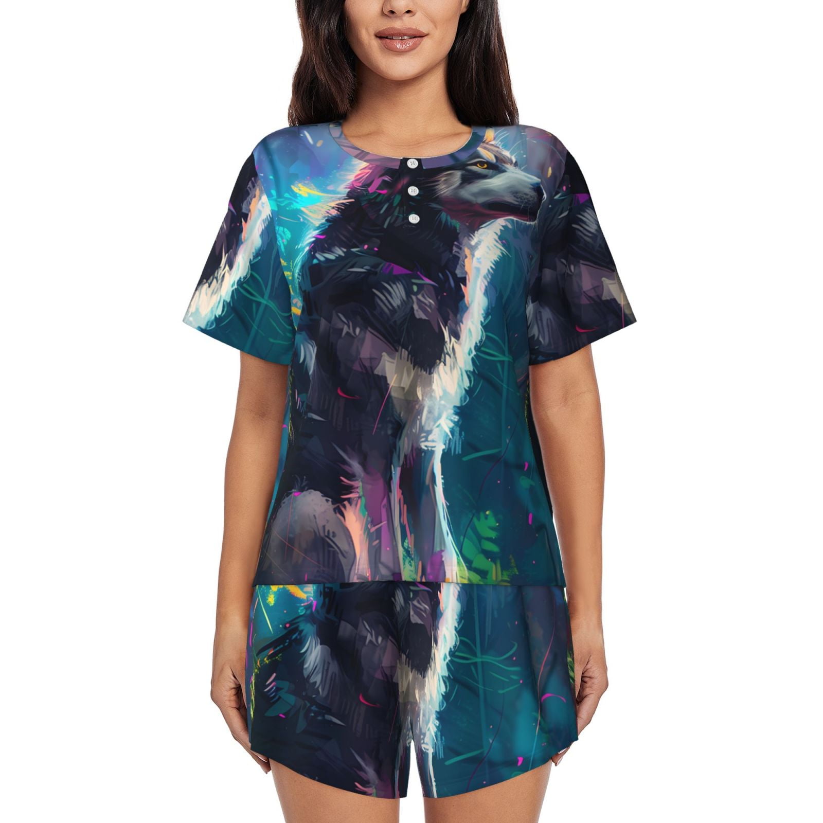 Bingfone Colorful Plant Wolf Print Pajamas Sets for Women Soft Short