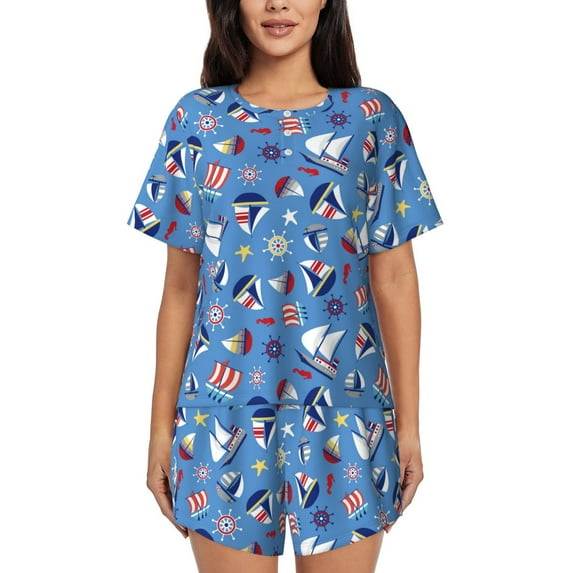 Bingfone Colorful Sailing Ship Print Pajamas Sets for Women Soft Short-Sleeved Pjs with Lounge Shorts Two Piece Sleepwear