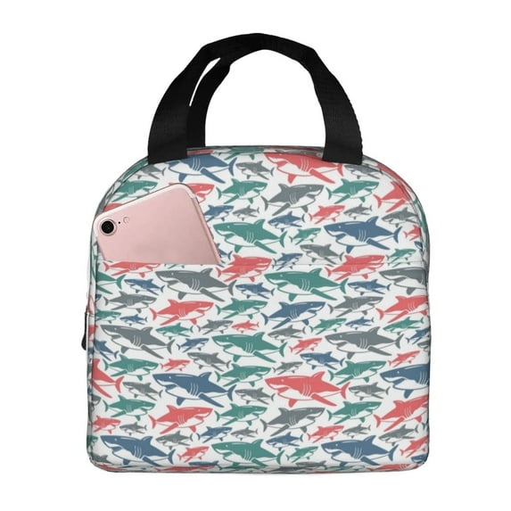 Bingfone Colorful Shark Print Lunch Bag Insulated Lunch Box, Small Leakproof Cooler Food Lunch Containers Reusable High Capacity Lunch Tote Bags for Work, Travel, Outdoor