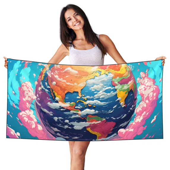 Bingfone Colorful Whimsical Earth Oversized 27.7x55 Inches Beach Towel, Super Absorbent Soft Plush Pool Towel, Bath Towel for Travel Sports Pool Swimming Bath Camping Yoga Girls Women Adults