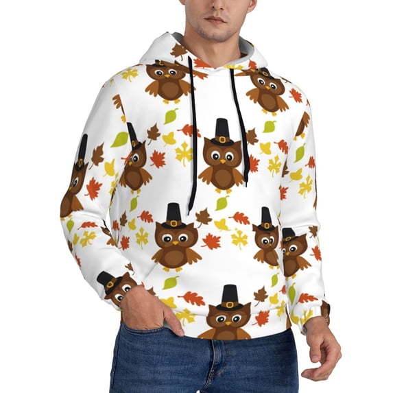 Bingfone Colorful maple leaf owl Men's Drawstring Hoodie Long Sleeve Pocket Sweatshirts-Large