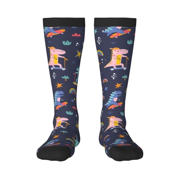 Bingfone Compression Socks For Women And Men Long Socks For Running Athletic Cycling Nurse-Cartoon Dinosaur Scooter Sport Blue