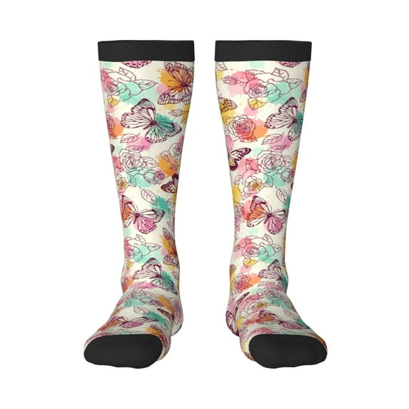 Bingfone Compression Socks for Women and Men Long Socks for Running Athletic Cycling Nurse-Butterflies and Roses