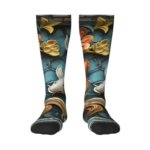 Bingfone Compression Socks for Women and Men Long Socks for Running Athletic Cycling Nurse-Colorful Koi Fish Art