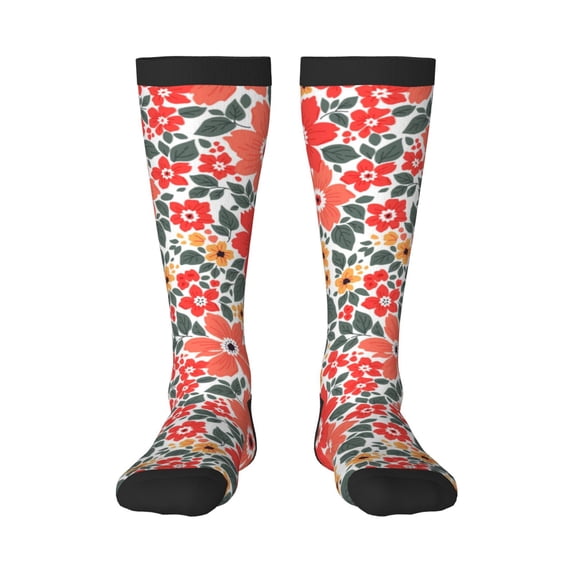Bingfone Compression Socks for Women and Men Long Socks for Running Athletic Cycling Nurse-Small Coral Red Flowers