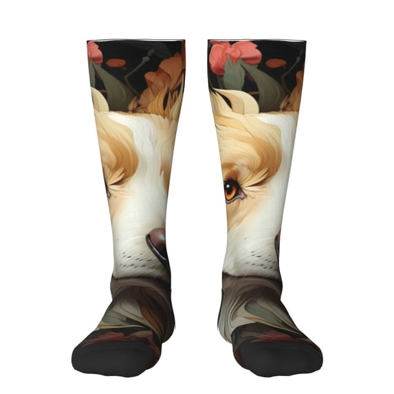 Bingfone Compression Socks for Women and Men Long Socks for Running Athletic Cycling Nurse-Vintage Colorful Flower Puppy
