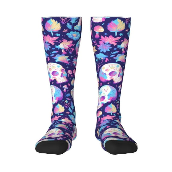 Bingfone Compression Socks for Women and Men Long Socks for Running Athletic Cycling Nurse-mushroom rainbow Skull cartoon