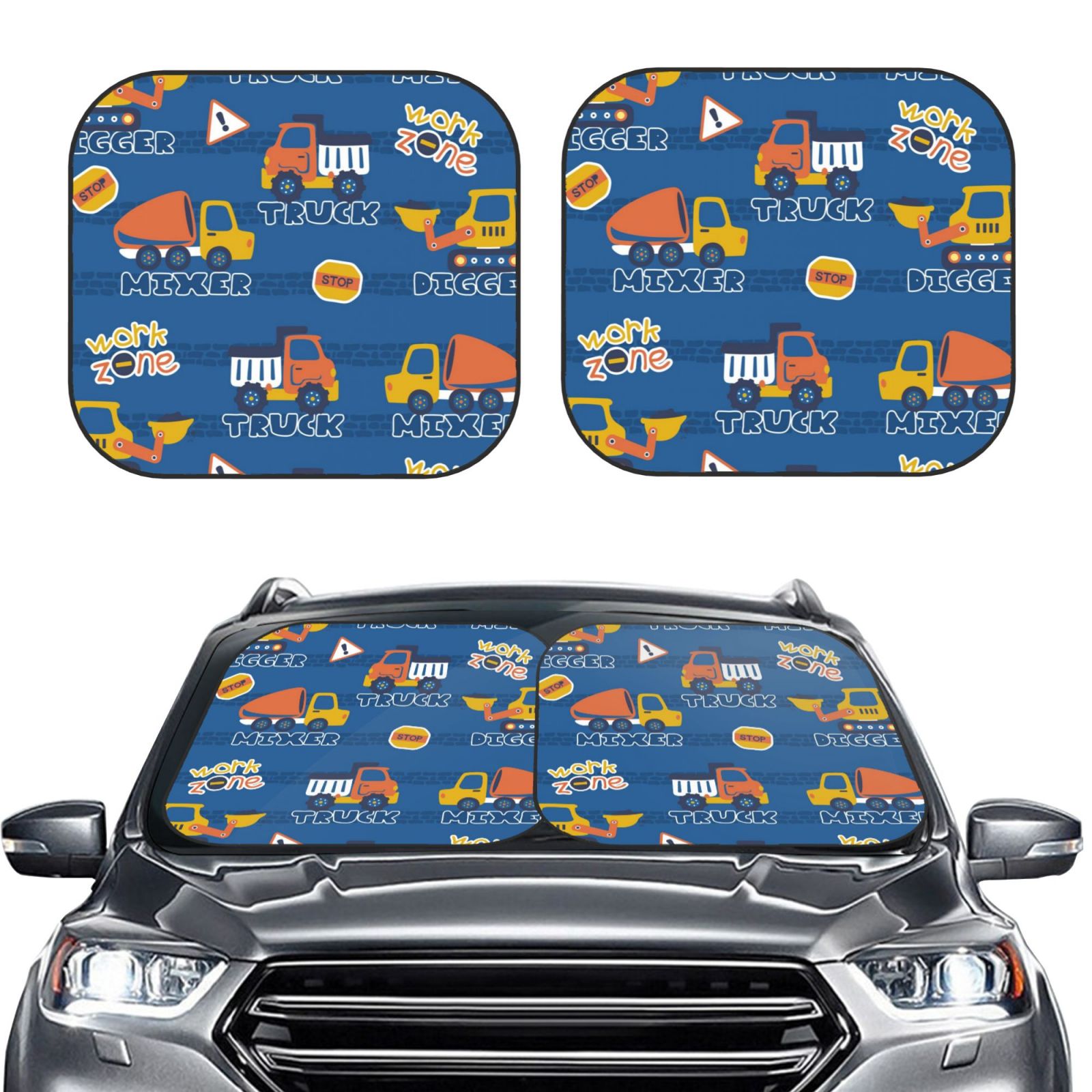 Window Designs Vehicles Bingfone Construction Vehicles Print 2-Piece Sun Shade Front Windshield ...