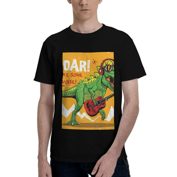 Bingfone Cool Dinosaur Playing Guitar Men'S Loose Fit Short-Sleeve Pocket T-Shirt