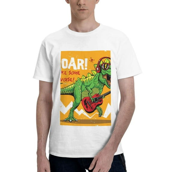 Bingfone Cool Dinosaur Playing Guitar Men'S Loose Fit Short-Sleeve Pocket T-Shirt