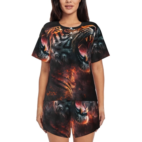 Bingfone Cool Tiger Print Pajamas Sets for Women Soft Short-Sleeved Pjs with Lounge Shorts Two Piece Sleepwear