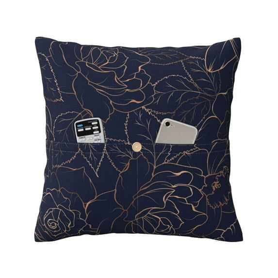 Bingfone Copper-Gold Gloss Outline Navy Dark Blue Linen Throw Pillow Covers Cushion Case Pocket Button Vintage Farmhouse Pillowcase for Sofa Couch Bed 18"x18"