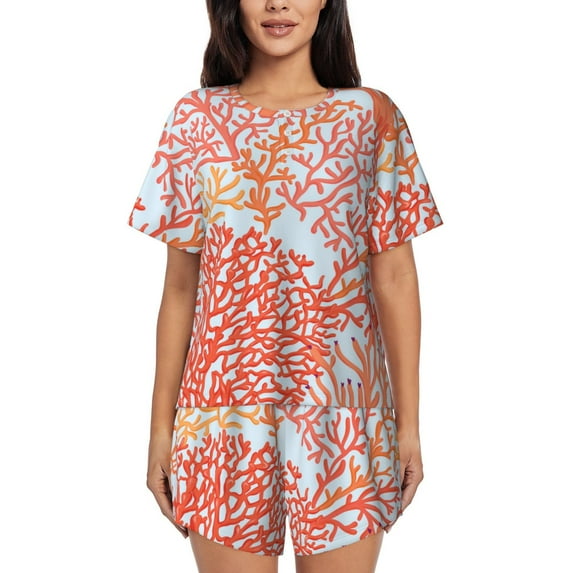 Bingfone Corals Print Pajamas Sets for Women Soft Short-Sleeved Pjs with Lounge Shorts Two Piece Sleepwear
