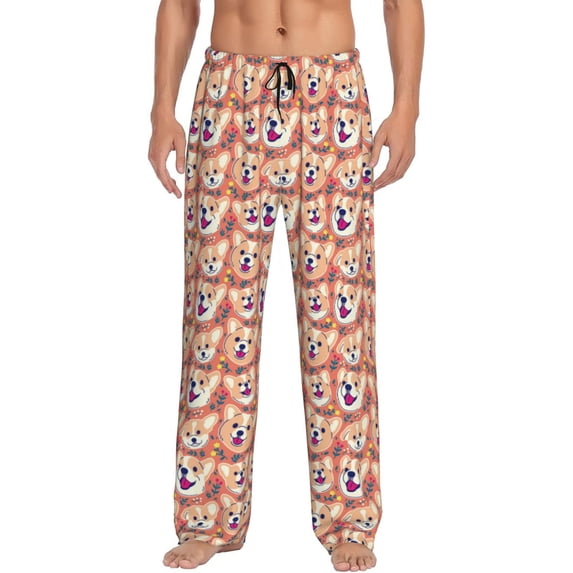 Bingfone Corgi Head with Floal Mens All Over Print Sleep Pajama Pants-Large