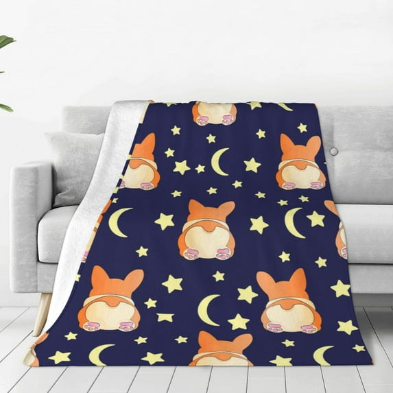 Bingfone Corgi Lying With Moons And Stars Print Flannel Fleece Blanket Throw Blanket For Bed,Sofa,Couch,Travel,Camping(40"X30")