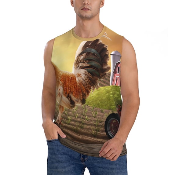 Bingfone Country Farm Morning Rooster Pattern Men's Tank Tops Workout Sleeveless Tee Shirts Running Beach Tanks for Men-Large