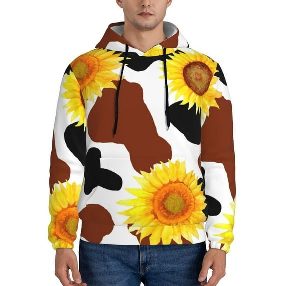 Bingfone Cow Print Sunflower Men'S Drawstring Hoodie Long Sleeve Pocket Sweatshirts-Small
