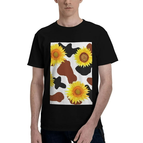 Bingfone Cow Print Sunflower Men'S Loose Fit Short-Sleeve Pocket T-Shirt