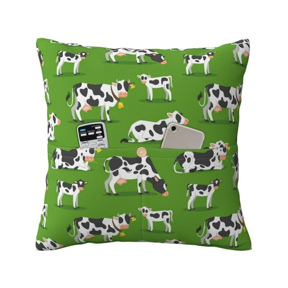 Bingfone Cows With Calfs Green Linen Throw Pillow Covers Cushion Case Pocket Button Vintage Farmhouse Pillowcase for Sofa Couch Bed 18"x18"