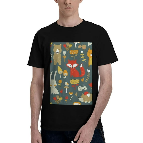 Bingfone Cute Animal Forest Men'S Loose Fit Short-Sleeve Pocket T-Shirt
