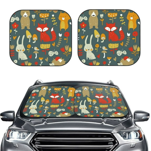 Bingfone Cute Animal Forest Print 2-Piece Sun Shade Front Windshield - Foldable Car Front Window Sunshades For Most Sedans Suv Truck - Medium