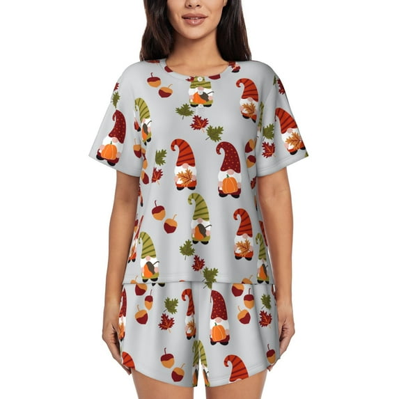 Bingfone Cute Autumn Gnomes Print Pajamas Sets for Women Soft Short-Sleeved Pjs with Lounge Shorts Two Piece Sleepwear