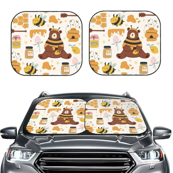 Bingfone Cute Bee Honey Jar Hive Bear Print 2-Piece Sun Shade Front Windshield - Foldable Car Front Window Sunshades For Most Sedans Suv Truck - Large