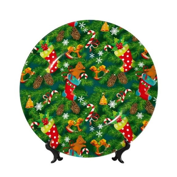 Bingfone Cute Christmas Stocking Bear Print Bone China Dinner Decorative Plates,Handmade Ceramic Dinner Plate with Stand for Home Club-8in