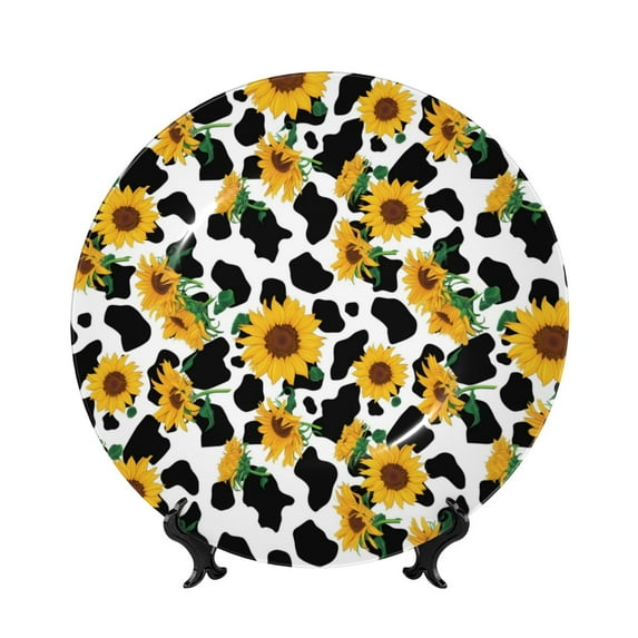 Bingfone Cute Cow Print Sunflower A Print Bone China Dinner Decorative Plates,Handmade Ceramic Dinner Plate with Stand for Home Club-8in