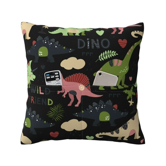 Bingfone Cute Dinosaurs Linen Throw Pillow Covers Cushion Case Pocket Button Vintage Farmhouse Pillowcase for Sofa Couch Bed 20"x20"
