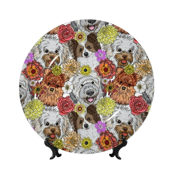 Bingfone Cute Dogs Puppy Print Bone China Dinner Decorative Plates,Handmade Ceramic Dinner Plate with Stand for Home Club-8in
