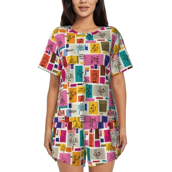 Bingfone Cute Doodles Print Pajamas Sets for Women Soft Short-Sleeved Pjs with Lounge Shorts Two Piece Sleepwear