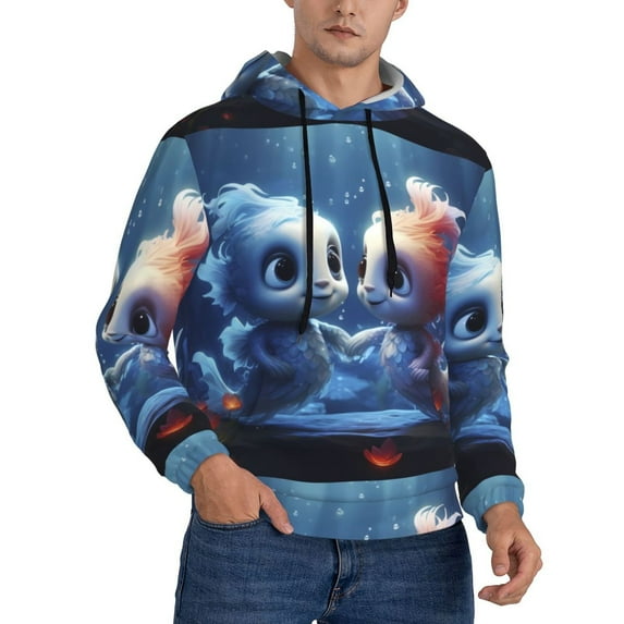 Bingfone Cute Fish Flower Couple Men's Drawstring Hoodie Long Sleeve Pocket Sweatshirts-3X-Large