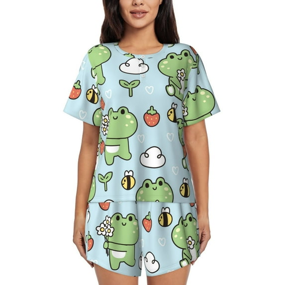 Bingfone Cute Floral Frog Print Pajamas Sets for Women Soft Short-Sleeved Pjs with Lounge Shorts Two Piece Sleepwear