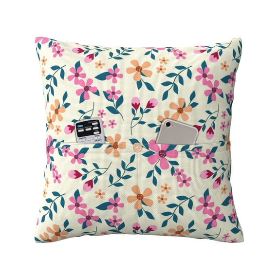 Bingfone Cute Flower Linen Throw Pillow Covers Cushion Case Pocket Button Vintage Farmhouse Pillowcase for Sofa Couch Bed 20"x20"