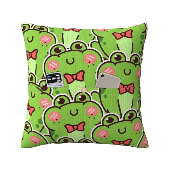 Bingfone Cute Green Frog Linen Throw Pillow Covers Cushion Case Pocket Button Vintage Farmhouse Pillowcase For Sofa Couch Bed 20"X20"