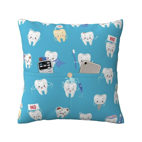 Bingfone Cute Healthy Teeth Linen Throw Pillow Covers Cushion Case Pocket Button Vintage Farmhouse Pillowcase For Sofa Couch Bed 18"X18"