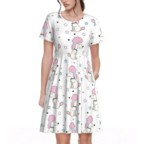 Bingfone Cute Poodle Dog Print Women’s Short Sleeve Dress, Comfortable Casual Dress, Stylish Summer Dress with Stretchy Fit for Daily Wear