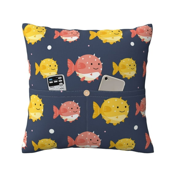 Bingfone Cute Puffer Fish Linen Throw Pillow Covers Cushion Case Pocket Button Vintage Farmhouse Pillowcase For Sofa Couch Bed 18"X18"